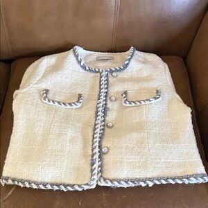 WD.NY Cream Bouclé Girls' Jacket with Blue Trim